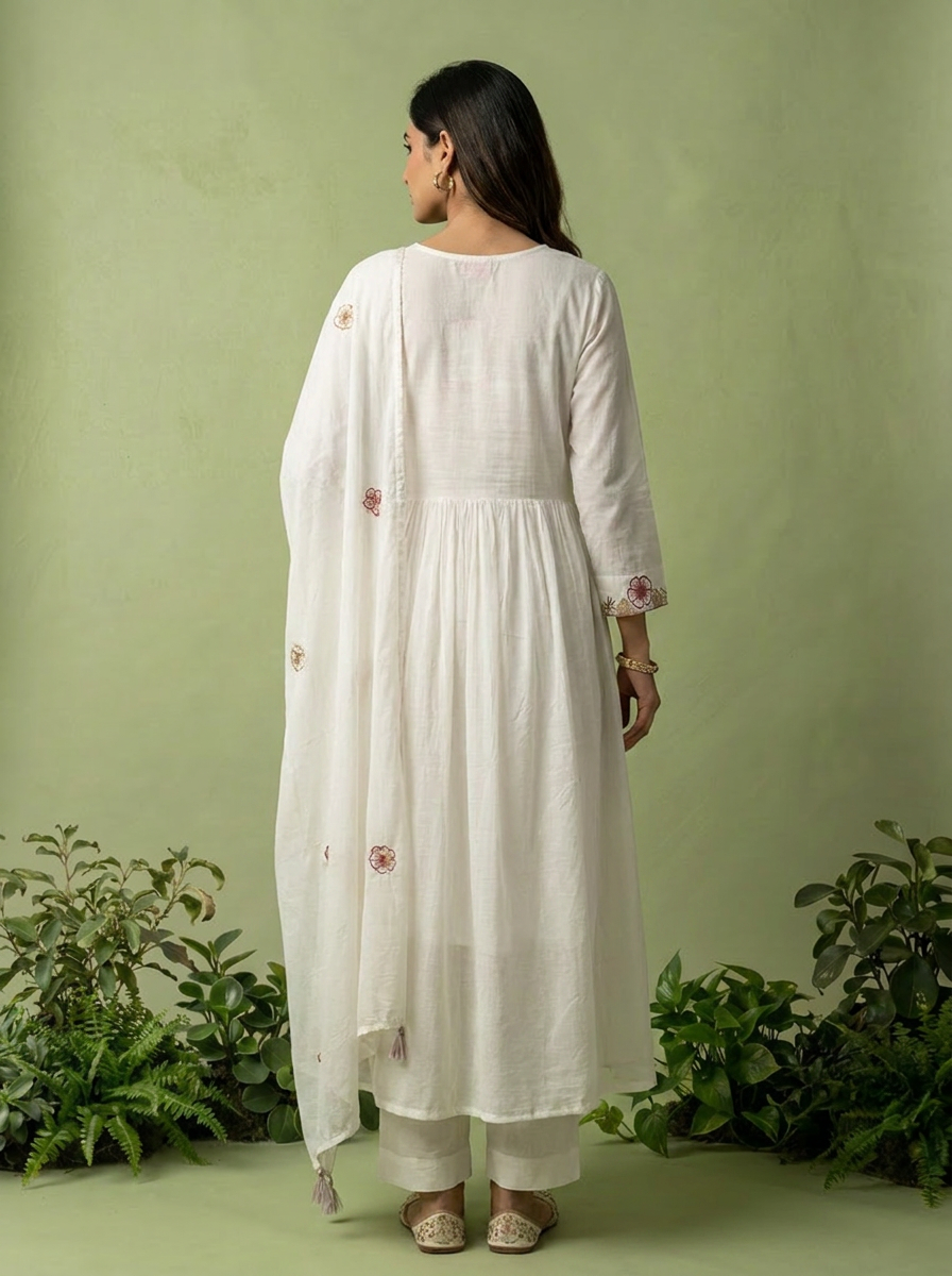 White Cotton Floral Hand Embroidery Three Piece Set