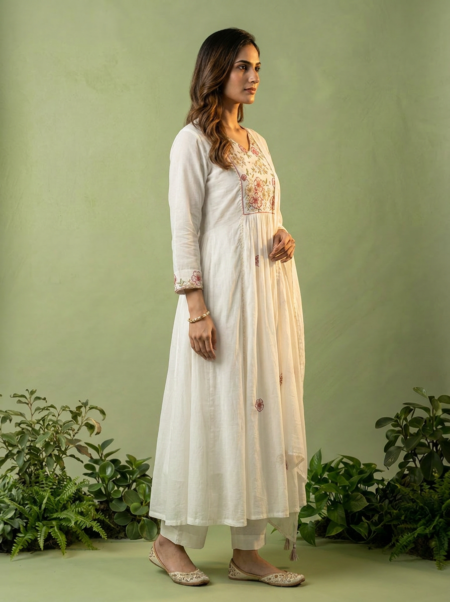 White Cotton Floral Hand Embroidery Three Piece Set