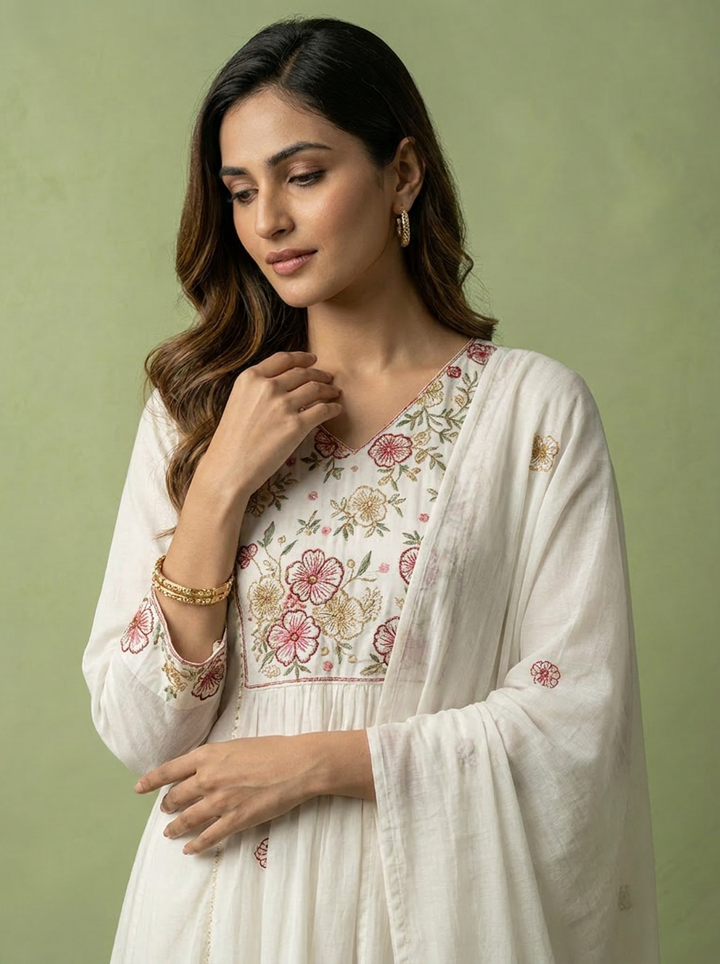 White Cotton Floral Hand Embroidery Three Piece Set