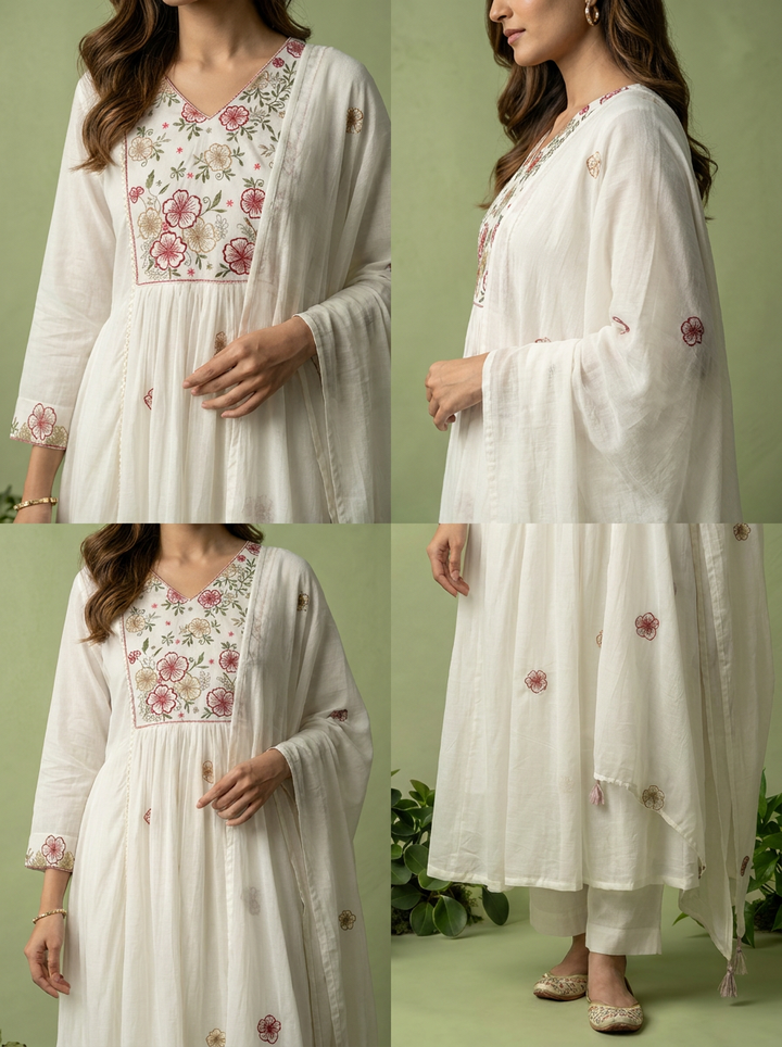 White Cotton Floral Hand Embroidery Three Piece Set