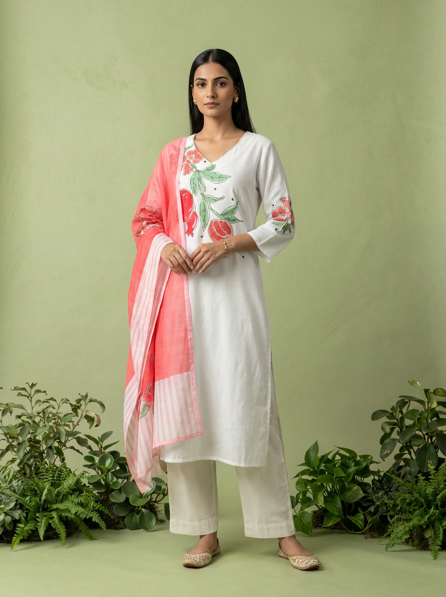 White Printed Cotton Three Piece Set With Contrast Dupatta
