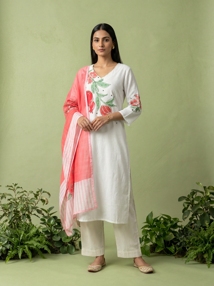 White Printed Cotton Three Piece Set With Contrast Dupatta