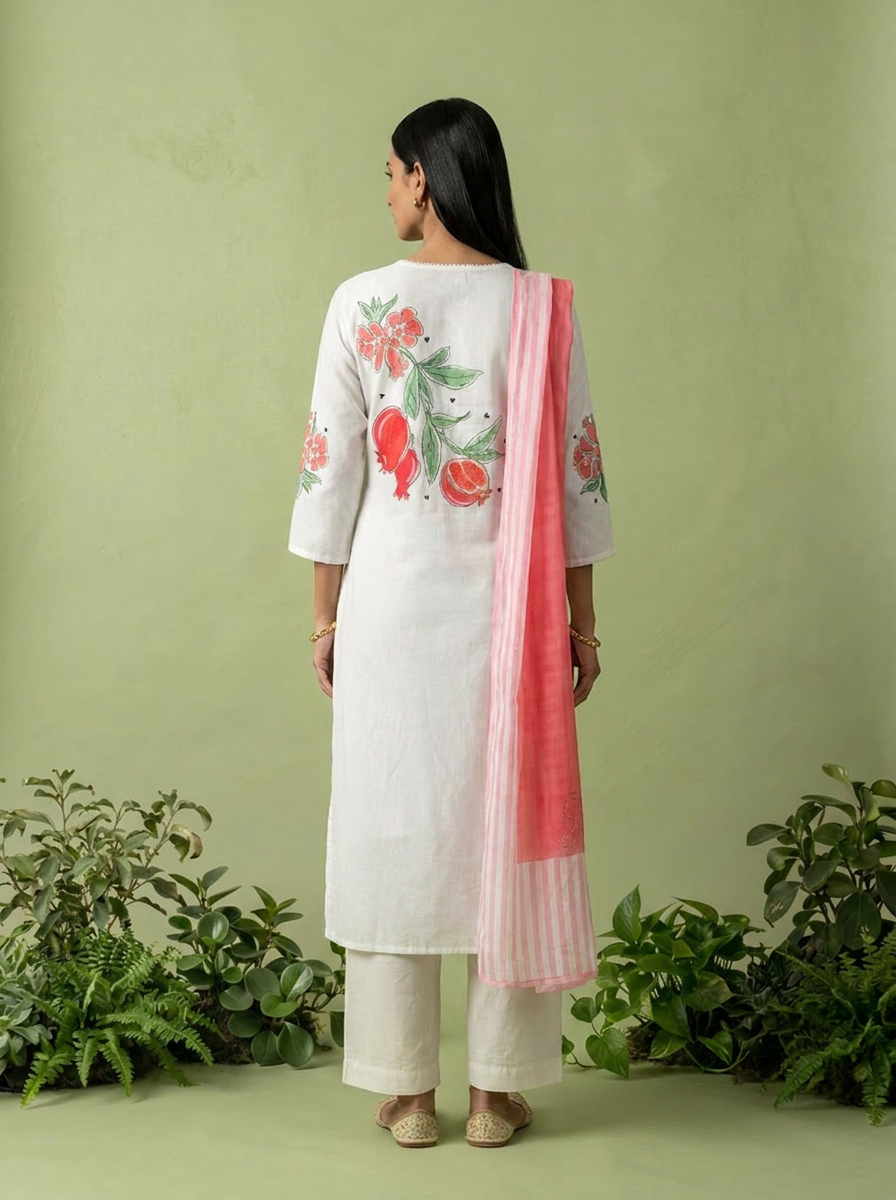 White Printed Cotton Three Piece Set With Contrast Dupatta