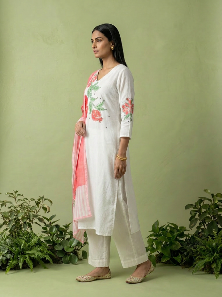 White Printed Cotton Three Piece Set With Contrast Dupatta