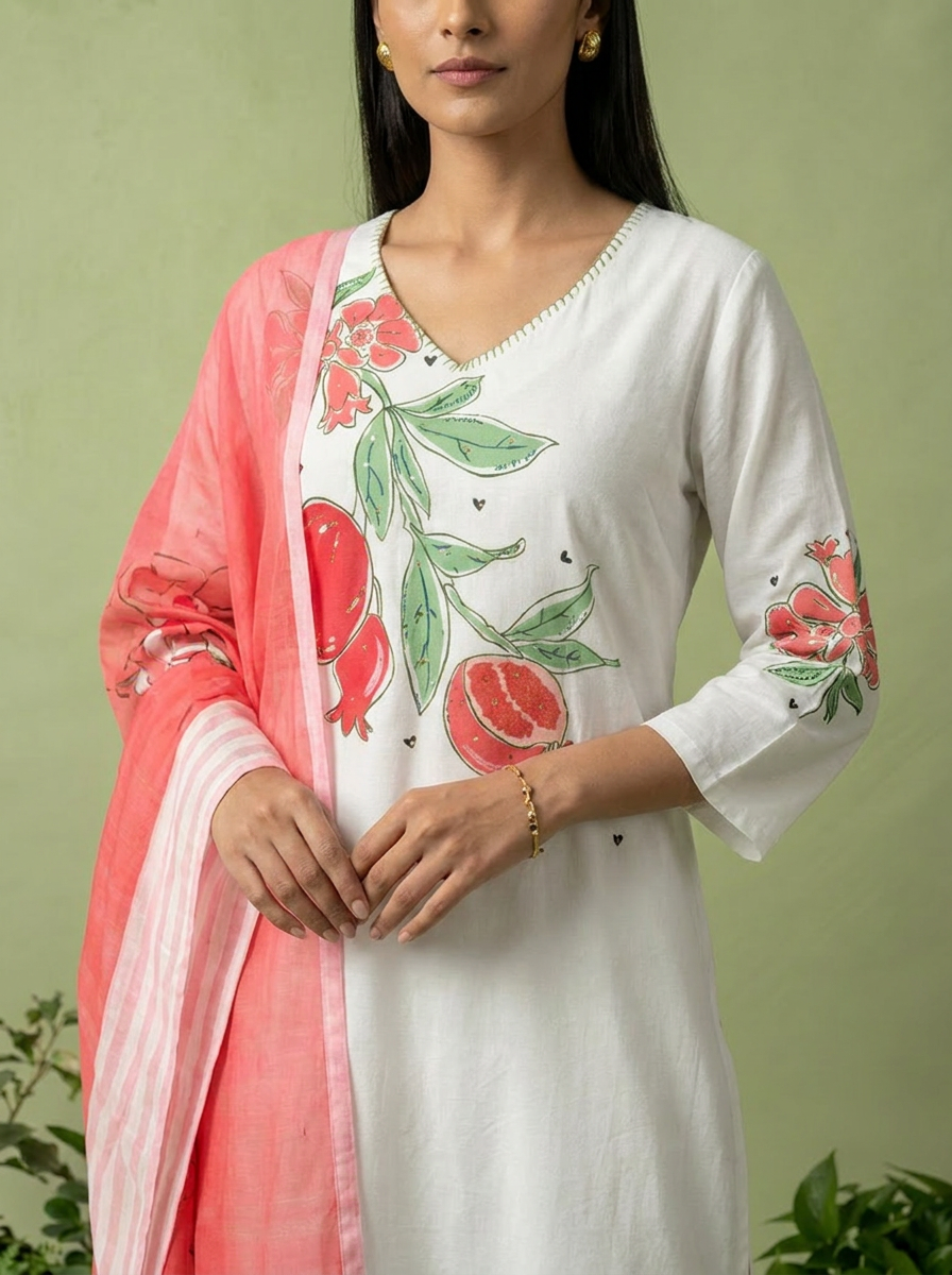 White Printed Cotton Three Piece Set With Contrast Dupatta