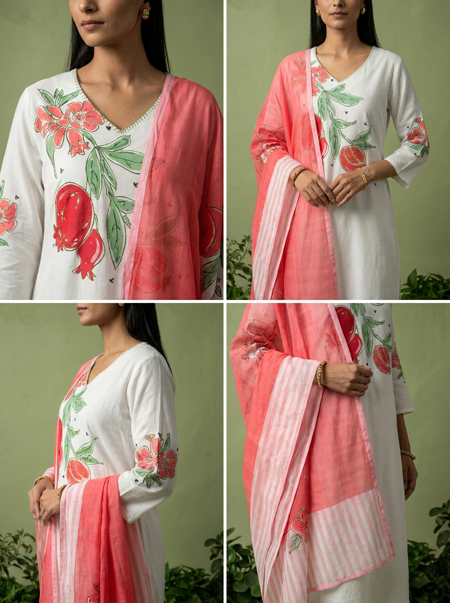 White Printed Cotton Three Piece Set With Contrast Dupatta