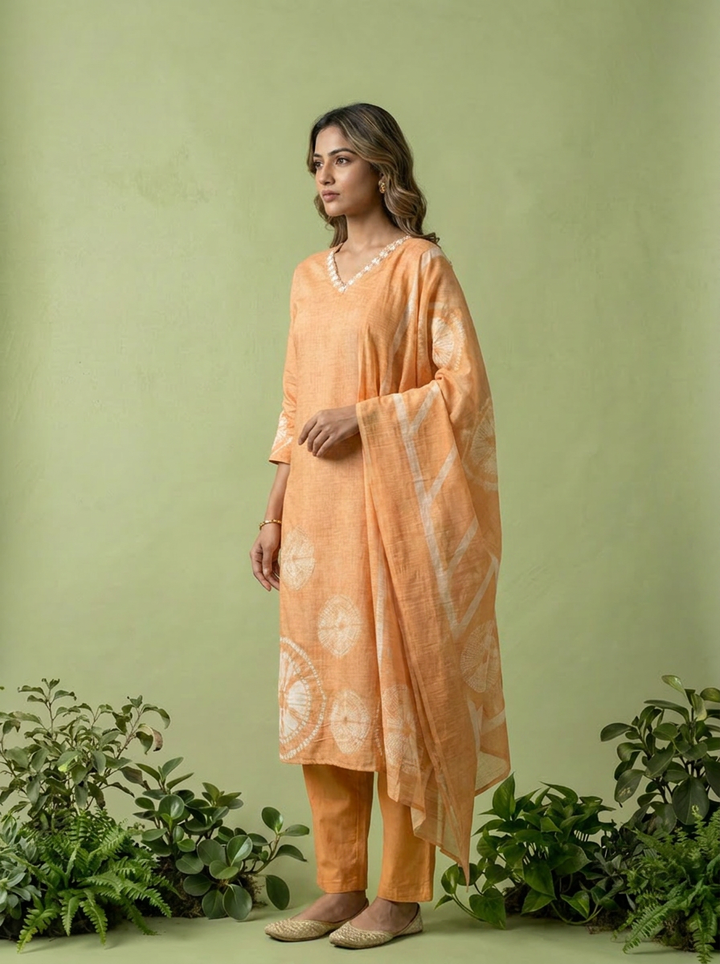 Peach Printed Linen Three Piece Set