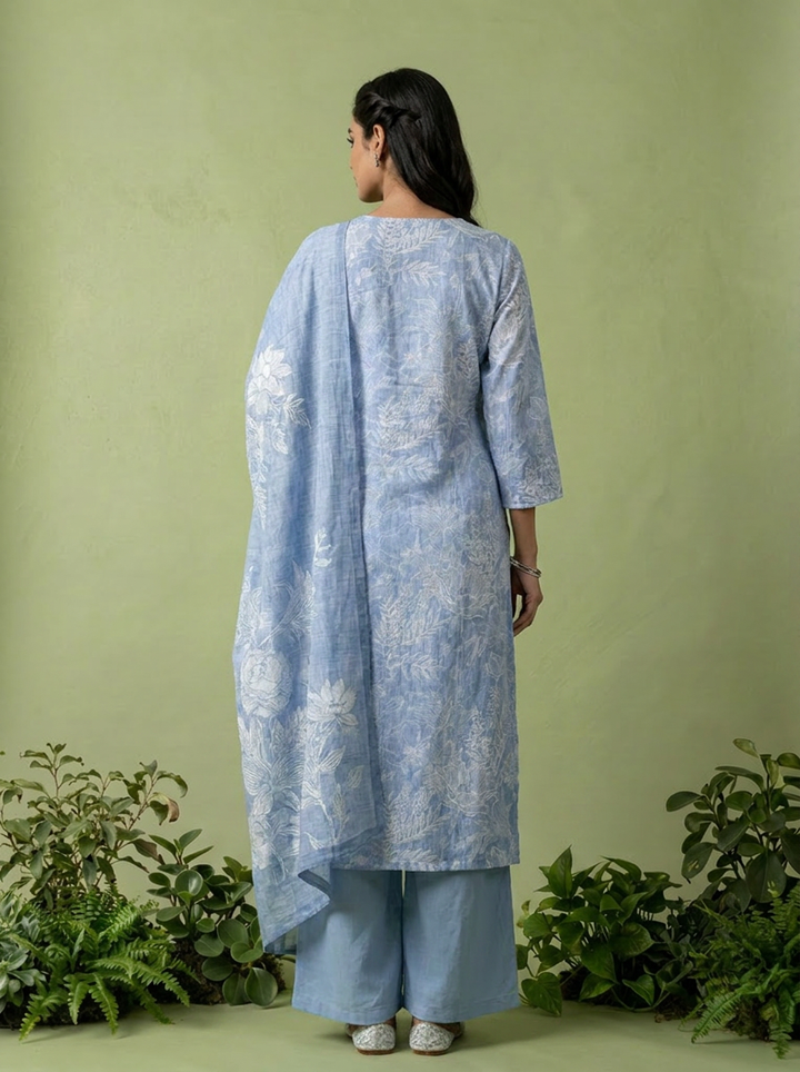 Blue Floral Printed Linen Three Piece Set