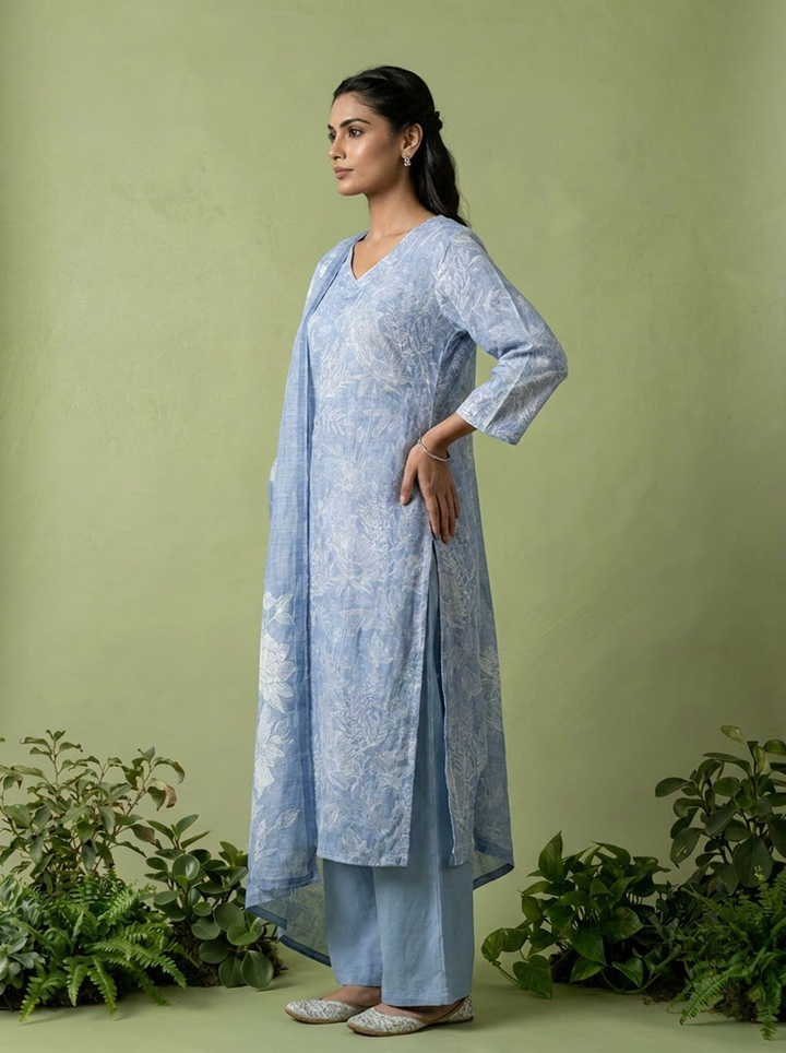 Blue Floral Printed Linen Three Piece Set