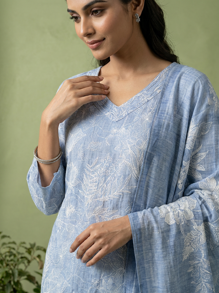 Blue Floral Printed Linen Three Piece Set