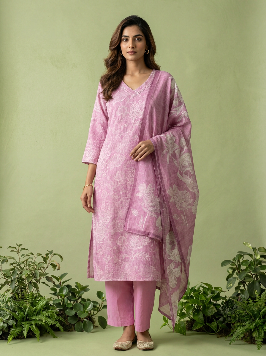 Pink Floral Printed Linen Three Piece Set