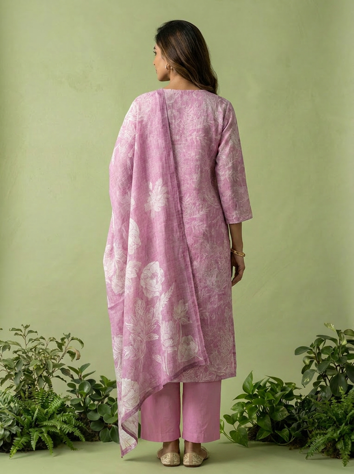 Pink Floral Printed Linen Three Piece Set