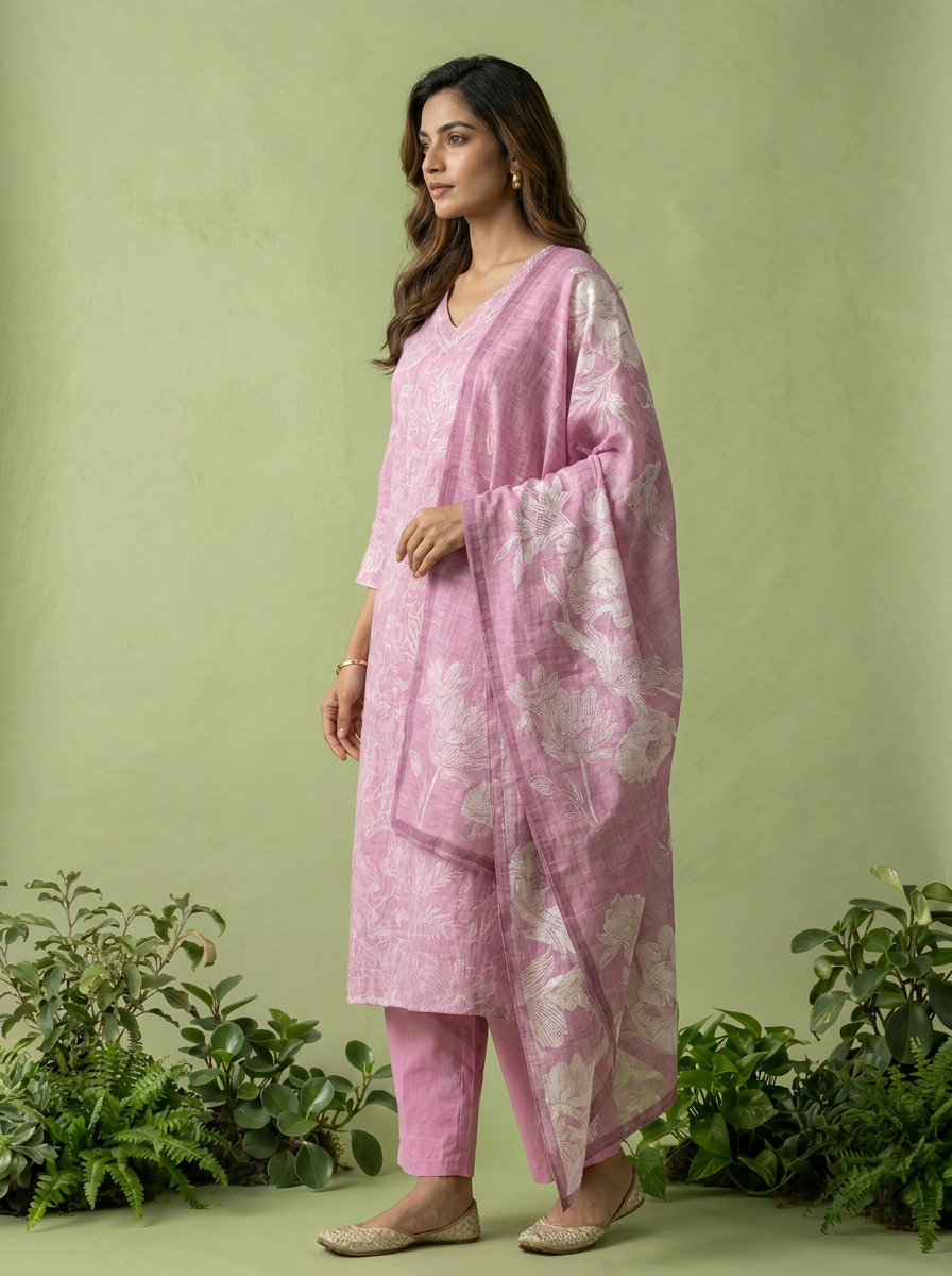 Pink Floral Printed Linen Three Piece Set