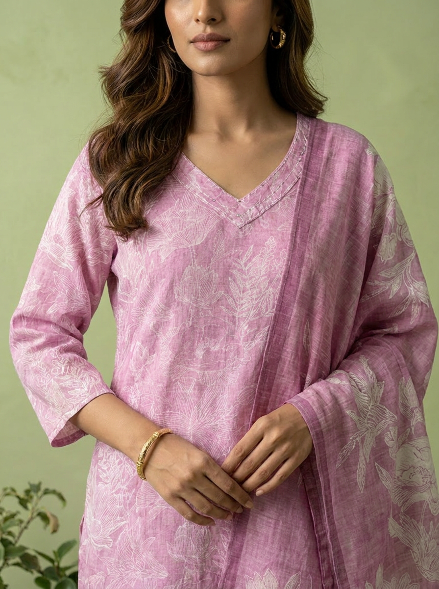 Pink Floral Printed Linen Three Piece Set