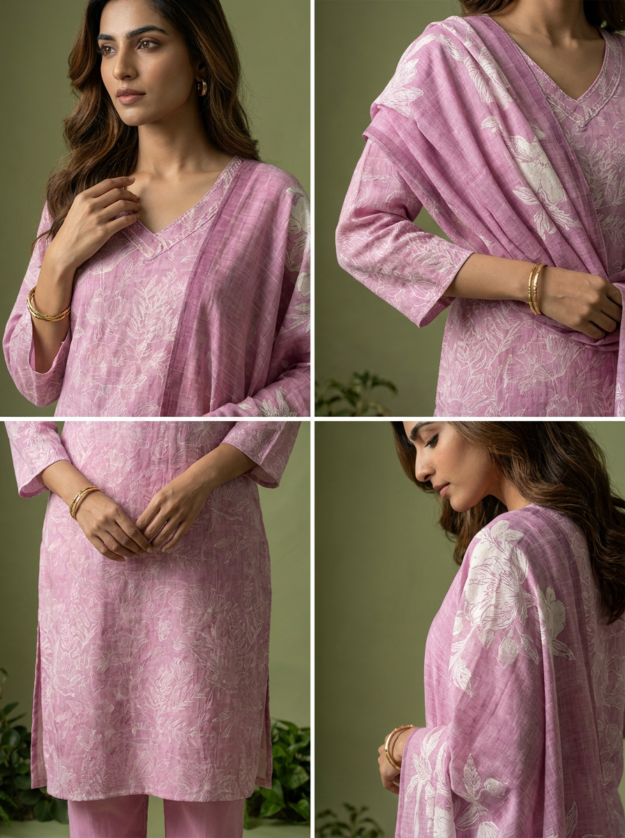 Pink Floral Printed Linen Three Piece Set