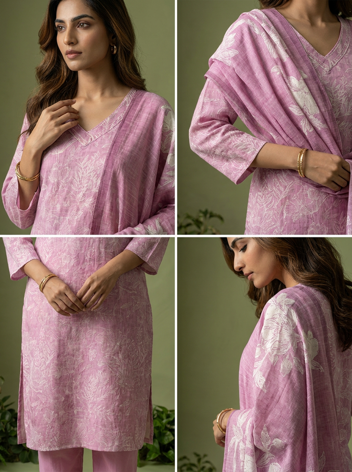Pink Floral Printed Linen Three Piece Set