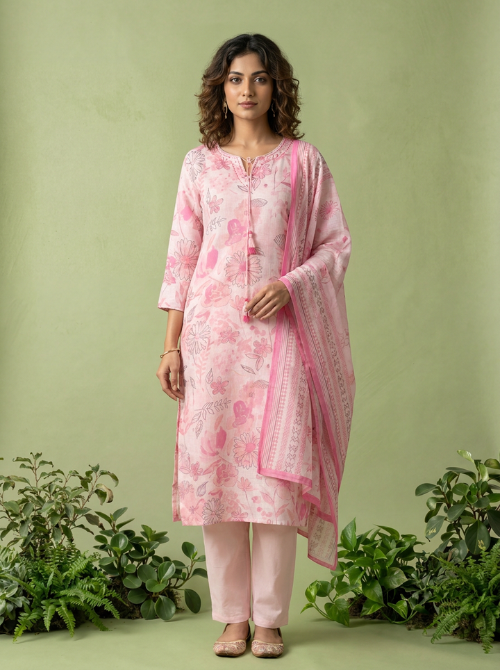 Baby Pink Linen Heavy Floral Printed Three Piece Set