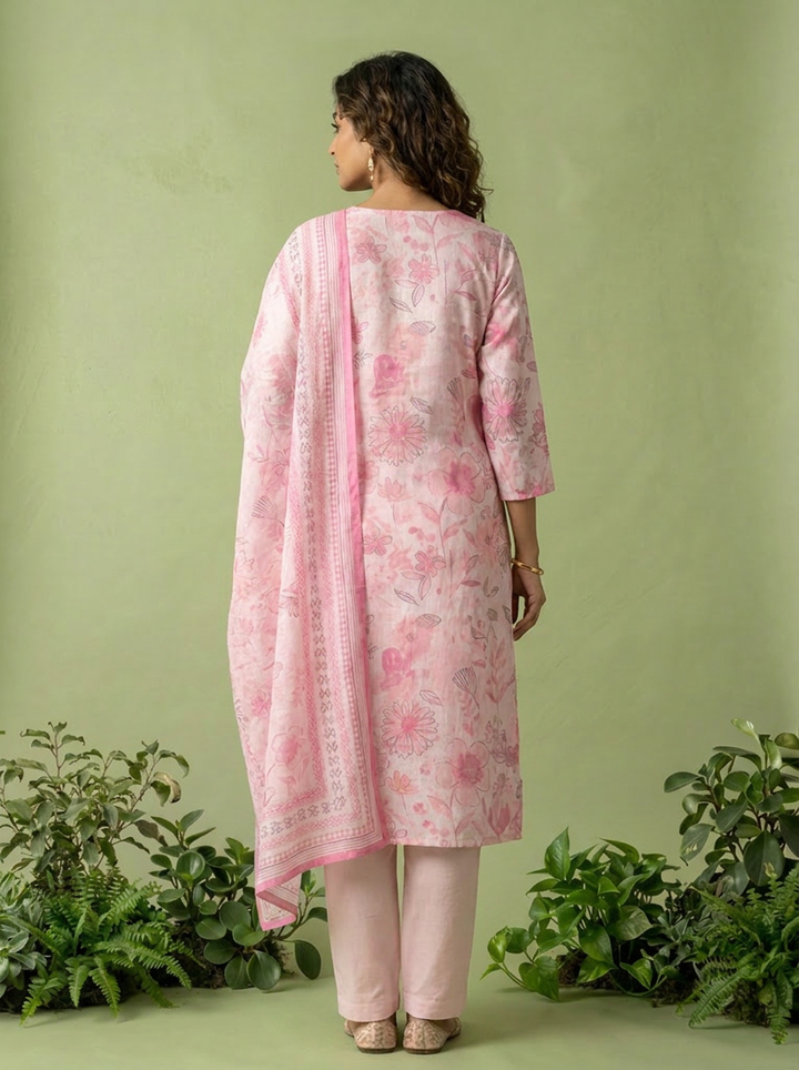 Baby Pink Linen Heavy Floral Printed Three Piece Set