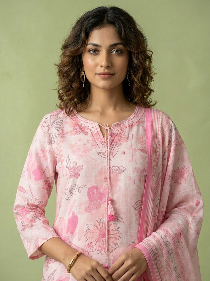 Baby Pink Linen Heavy Floral Printed Three Piece Set