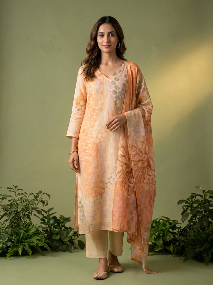 Peach Floral Printed Chanderi Three Piece Set