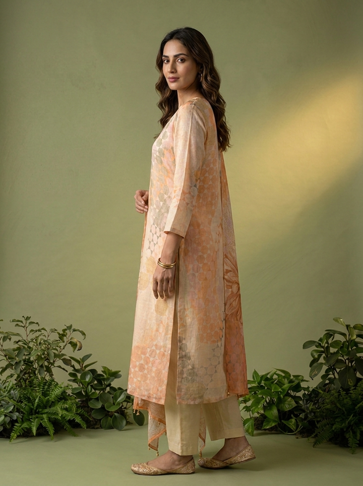 Peach Floral Printed Chanderi Three Piece Set
