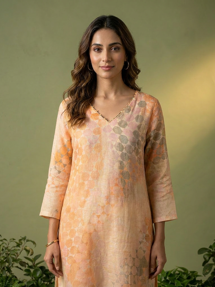 Peach Floral Printed Chanderi Three Piece Set