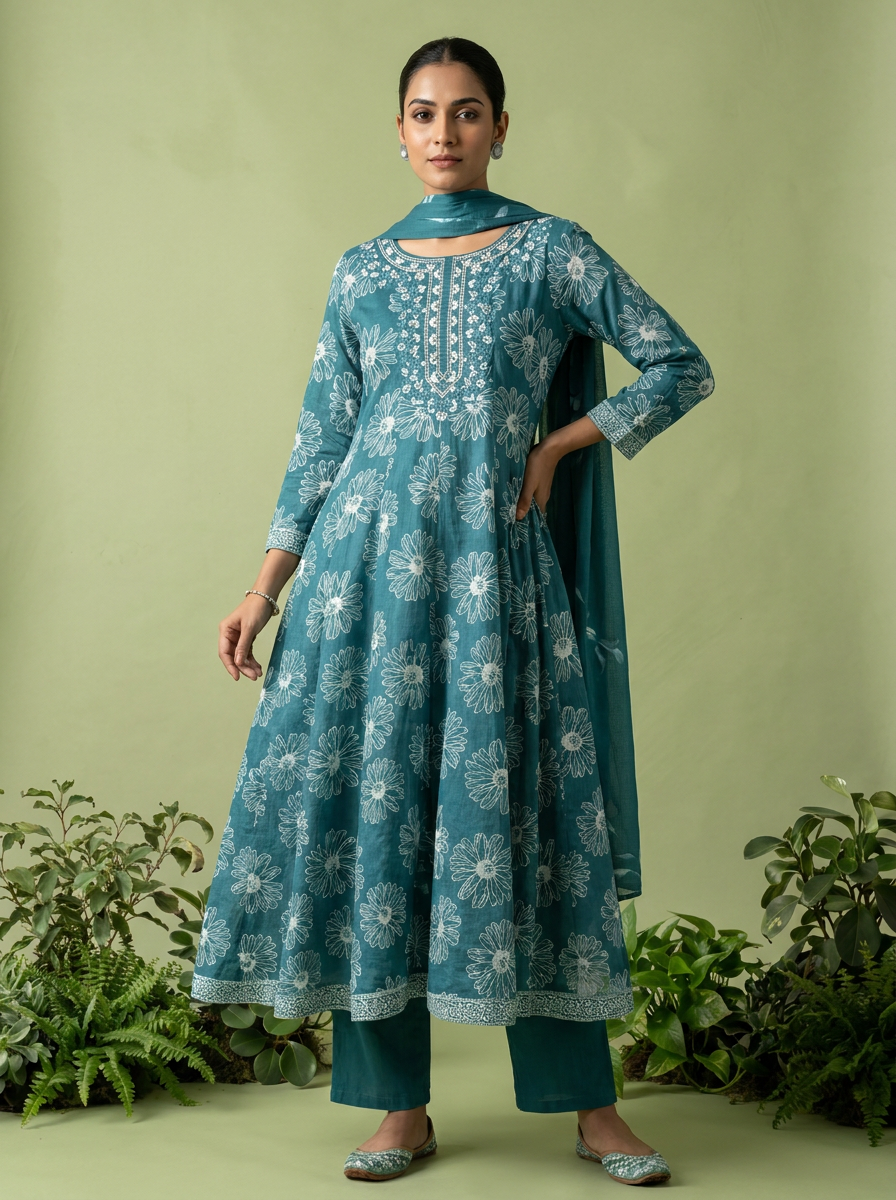 Rama Beads Embroidery And Floral Printed Cotton Three Piece Set