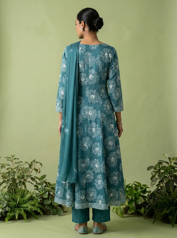 Rama Beads Embroidery And Floral Printed Cotton Three Piece Set