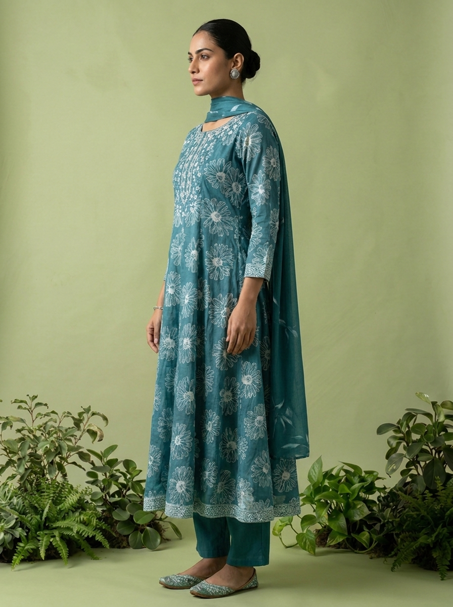 Rama Beads Embroidery And Floral Printed Cotton Three Piece Set