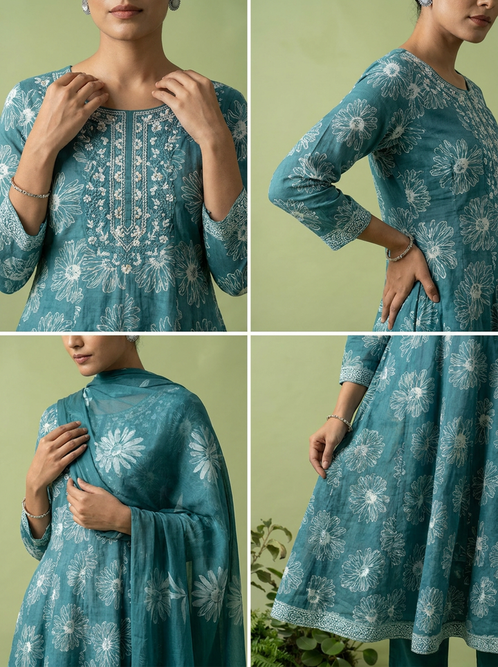 Rama Beads Embroidery And Floral Printed Cotton Three Piece Set