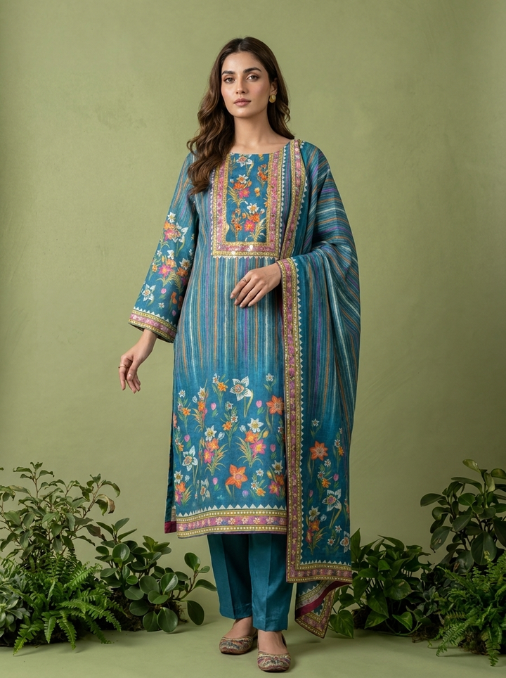 Teal Floral Printed Muslin Three Piece Set