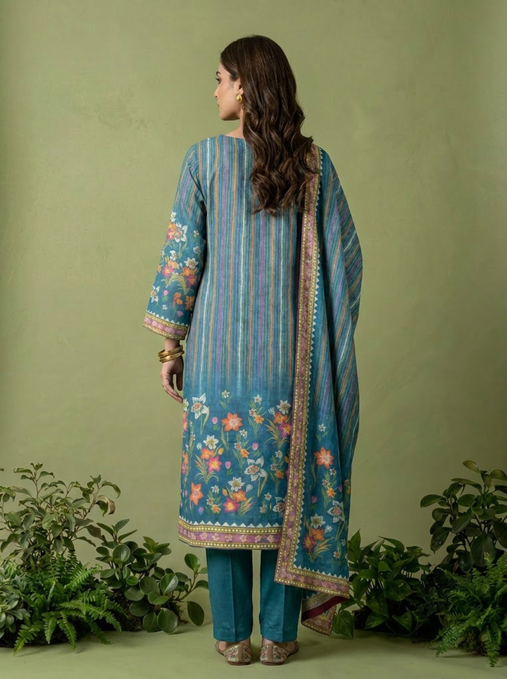 Teal Floral Printed Muslin Three Piece Set
