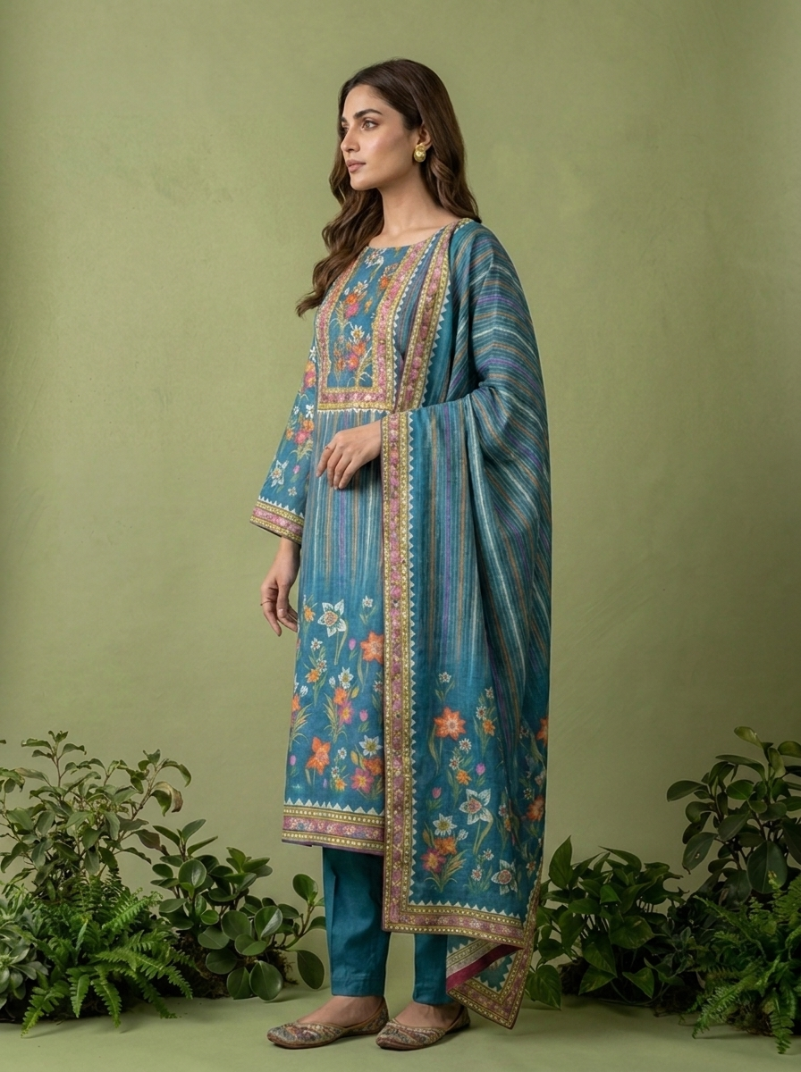 Teal Floral Printed Muslin Three Piece Set
