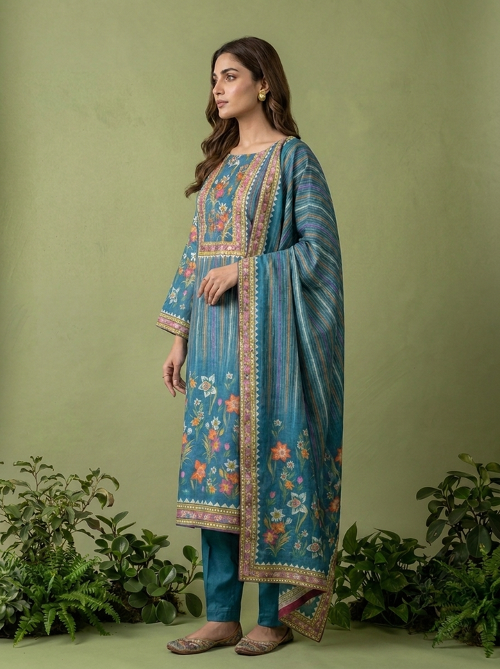 Teal Floral Printed Muslin Three Piece Set