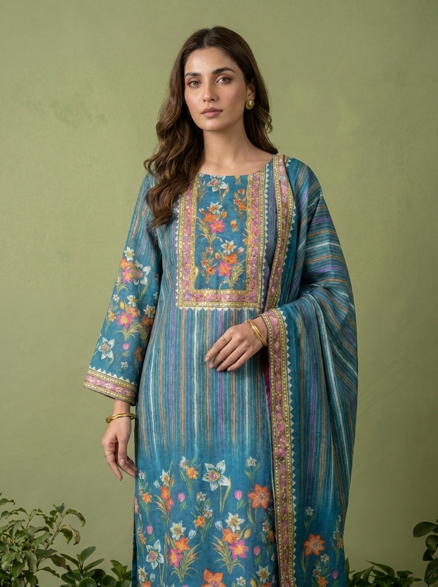 Teal Floral Printed Muslin Three Piece Set