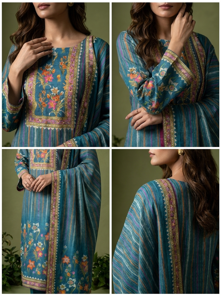 Teal Floral Printed Muslin Three Piece Set