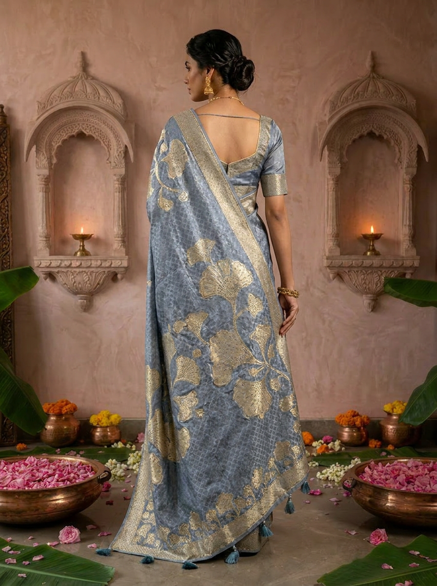Grey Floral Design Silk Saree With Zari Border