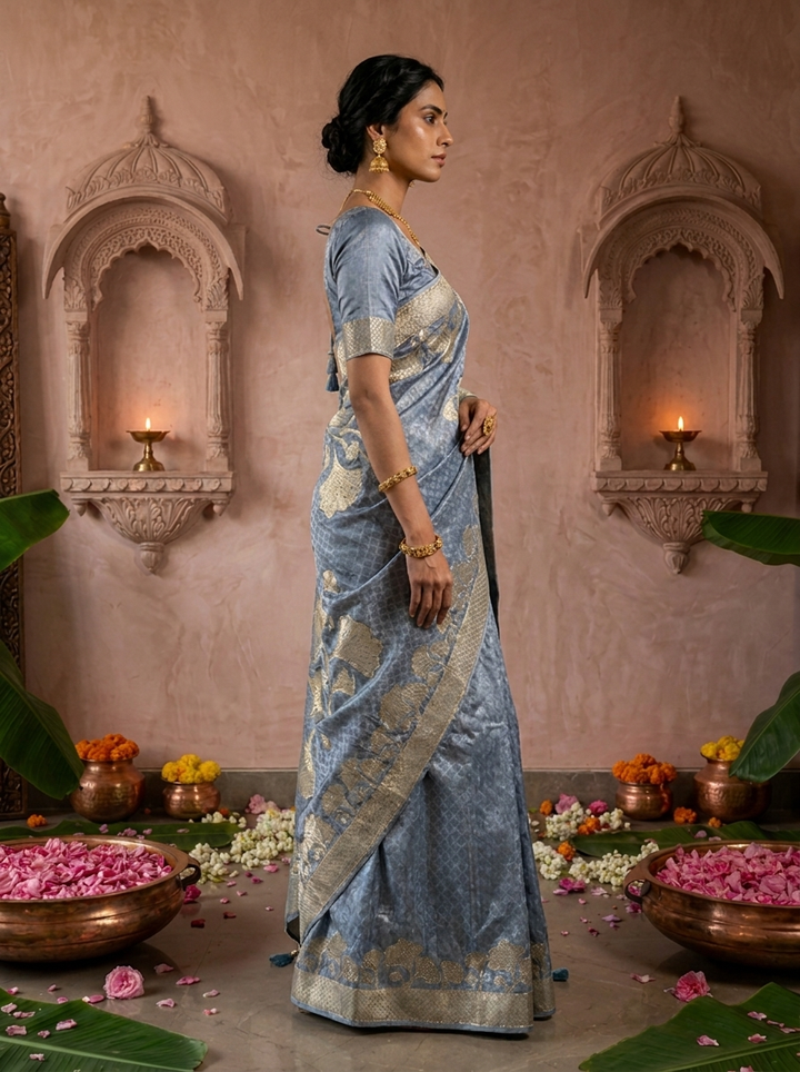 Grey Floral Design Silk Saree With Zari Border