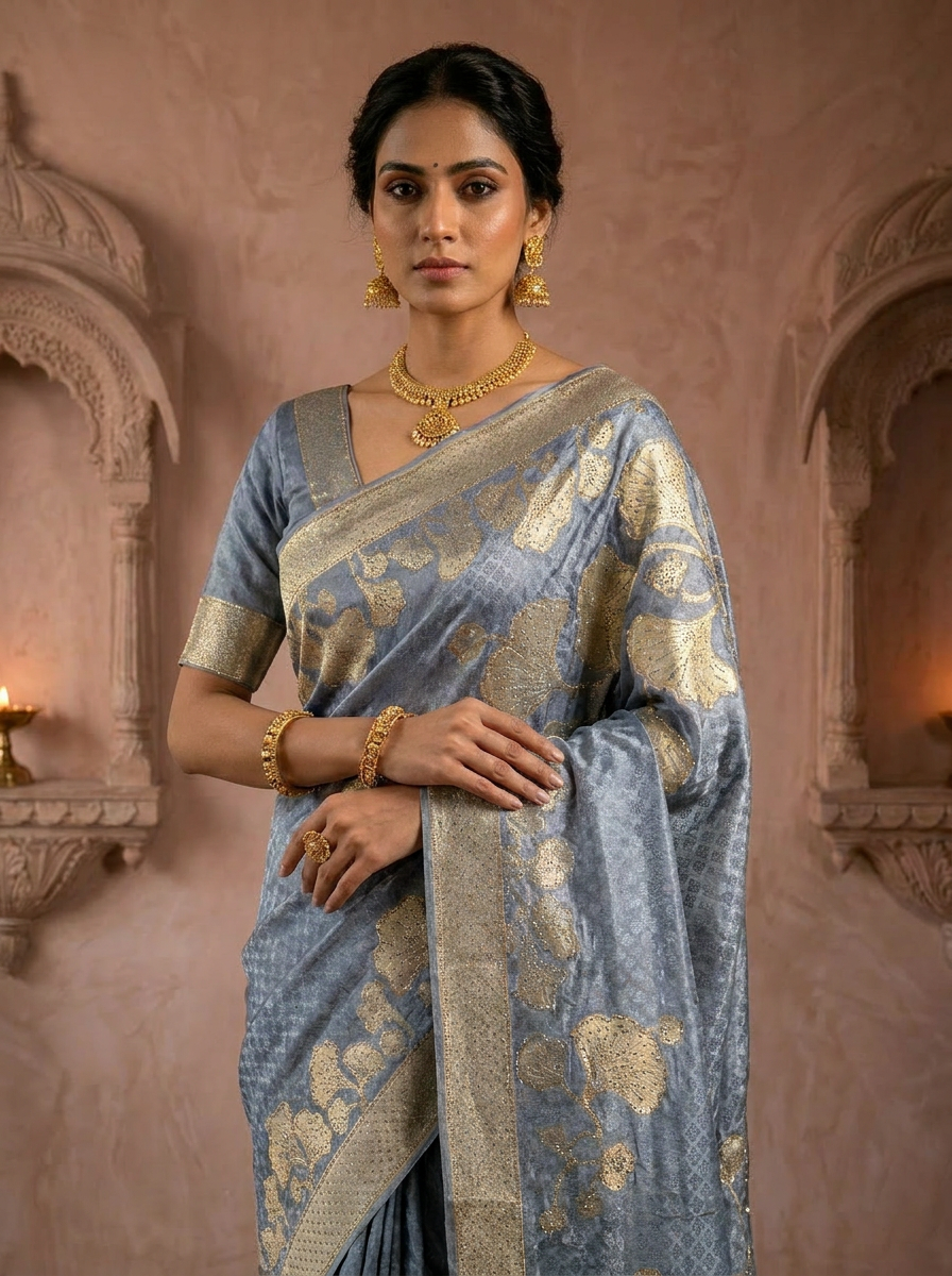 Grey Floral Design Silk Saree With Zari Border
