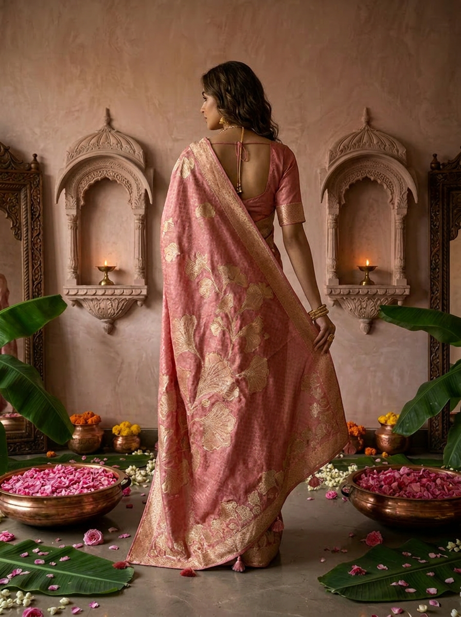 Onion Floral Design Silk Saree With Zari Border