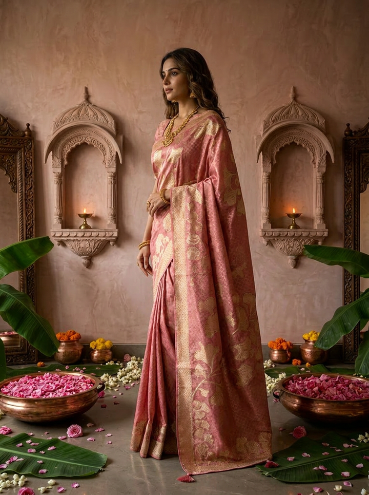 Onion Floral Design Silk Saree With Zari Border
