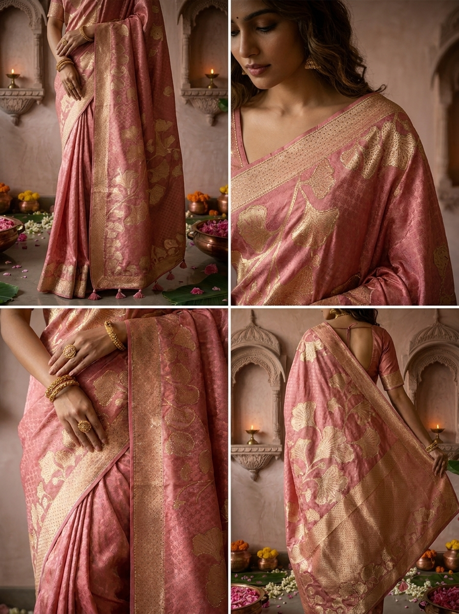 Onion Floral Design Silk Saree With Zari Border