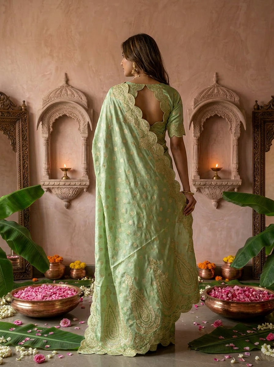 Pista Green Silk Paisley Design Weaved Saree