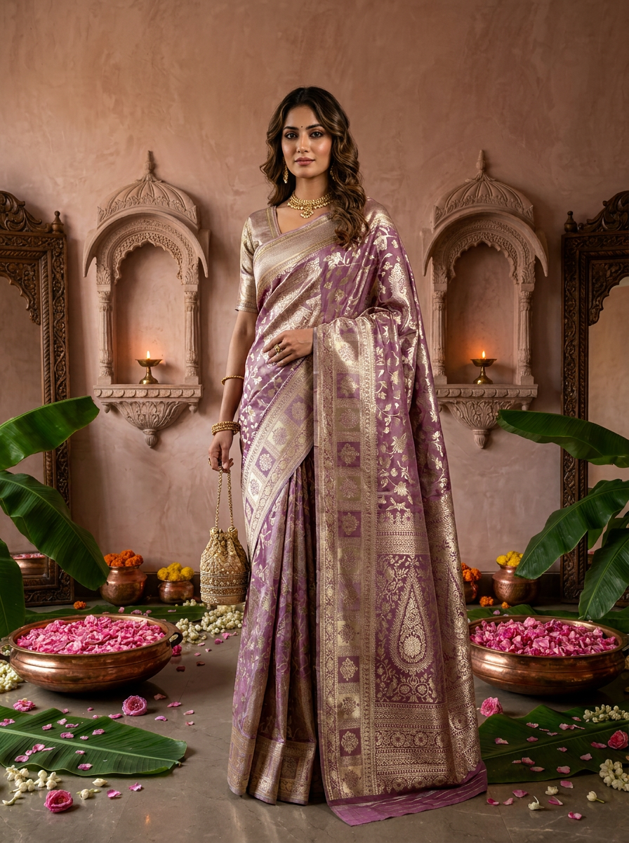 Lilac Banarasi Silk Saree with Rich Gold Zari Weaving