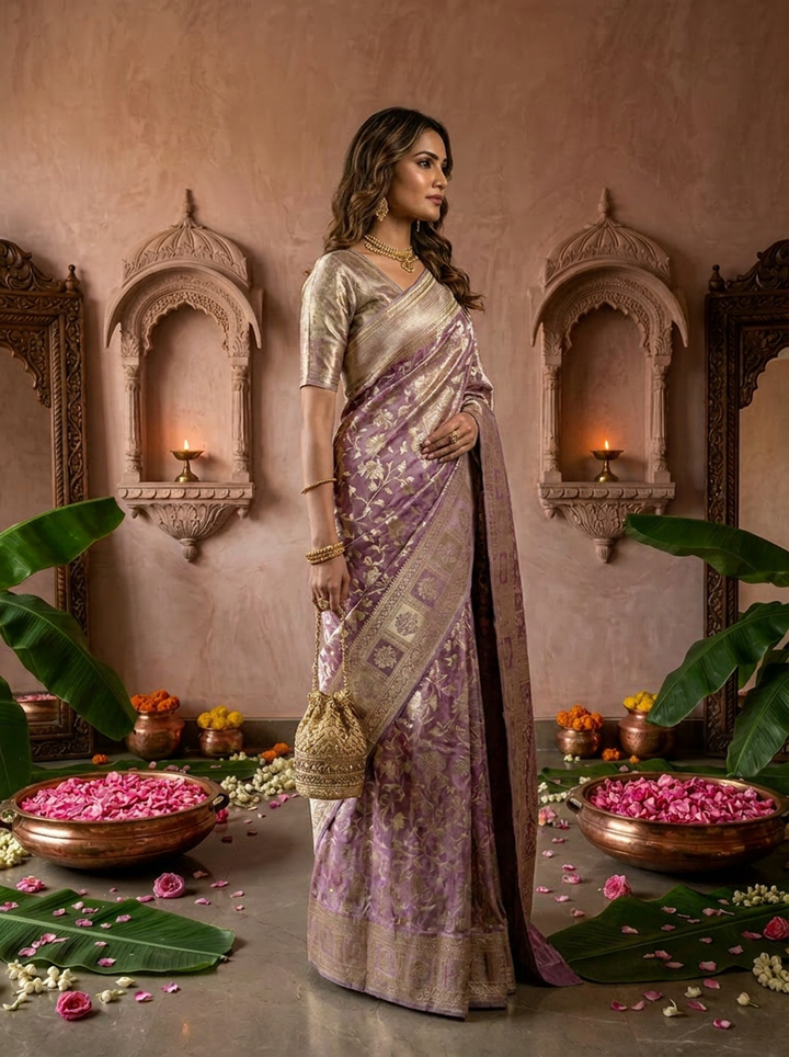 Lilac Banarasi Silk Saree with Rich Gold Zari Weaving