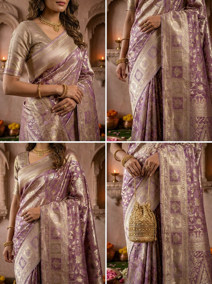 Lilac Banarasi Silk Saree with Rich Gold Zari Weaving