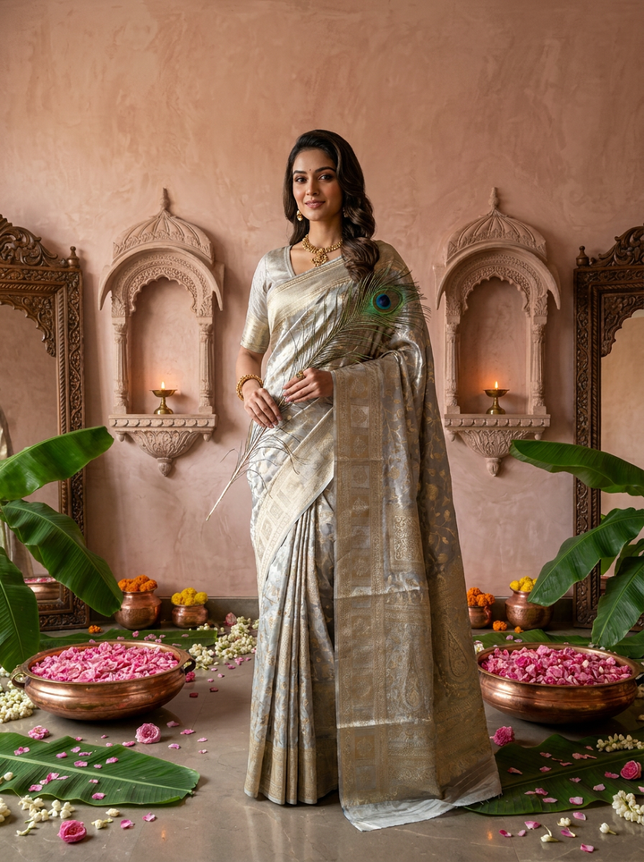Silver Grey Banarasi Silk Saree With Rich Gold Zari Weaving