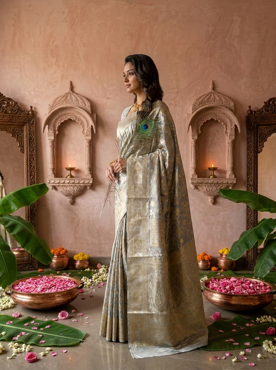 Silver Grey Banarasi Silk Saree With Rich Gold Zari Weaving