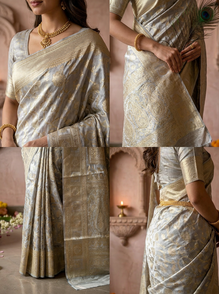 Silver Grey Banarasi Silk Saree With Rich Gold Zari Weaving