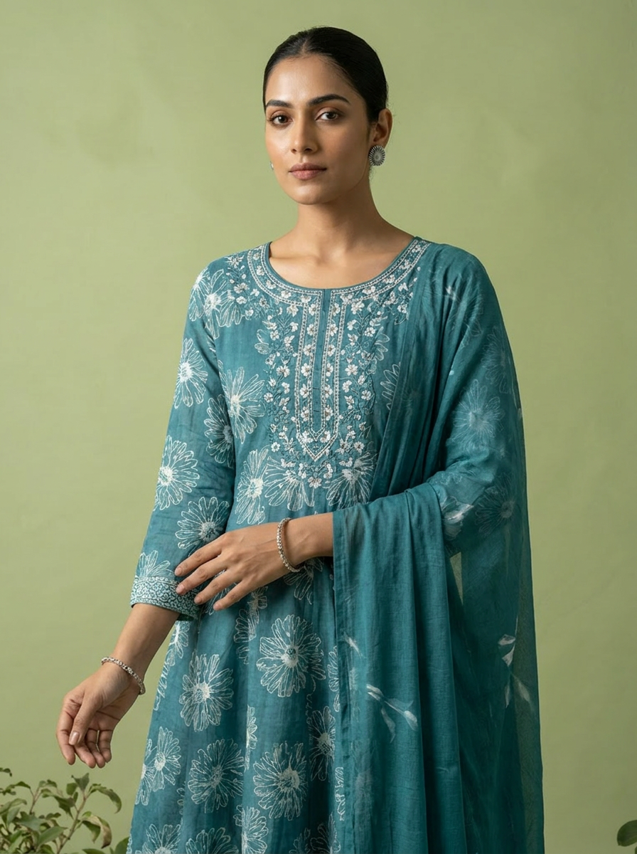 Rama Beads Embroidery And Floral Printed Cotton Three Piece Set